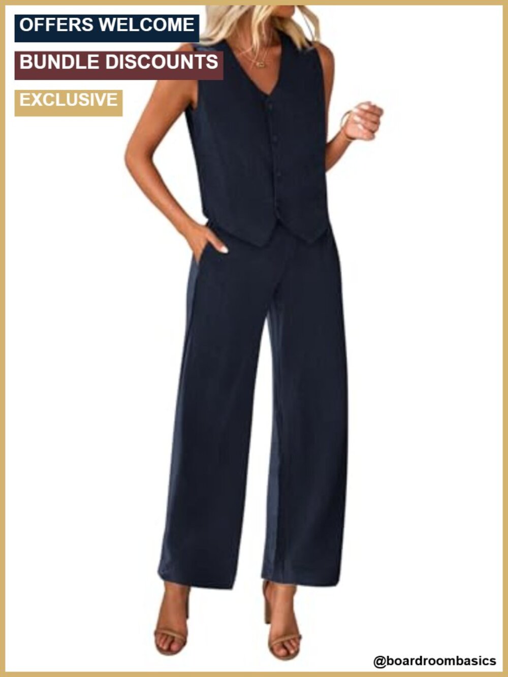 2 Piece Pantsuit Set Sleeveless Button Vest Wide Leg Pants Business Casual